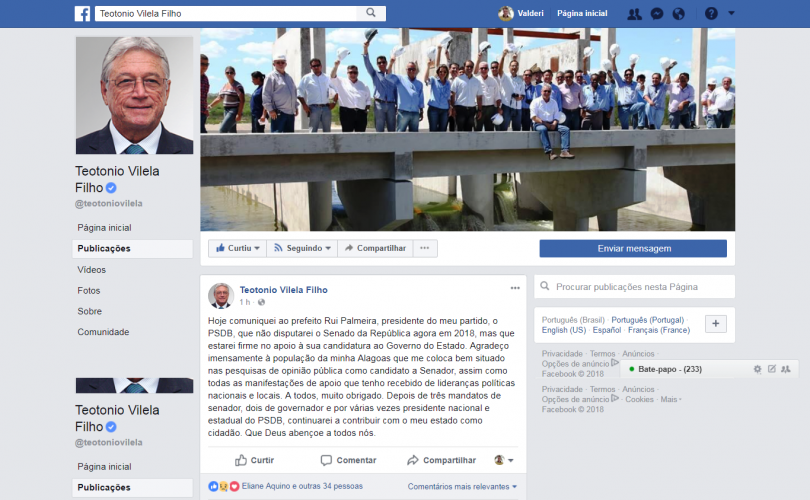 Publicação feita por Teotonio Vilela em sua página do Facebook onde anuncia sua desistência em disputar o Senado
