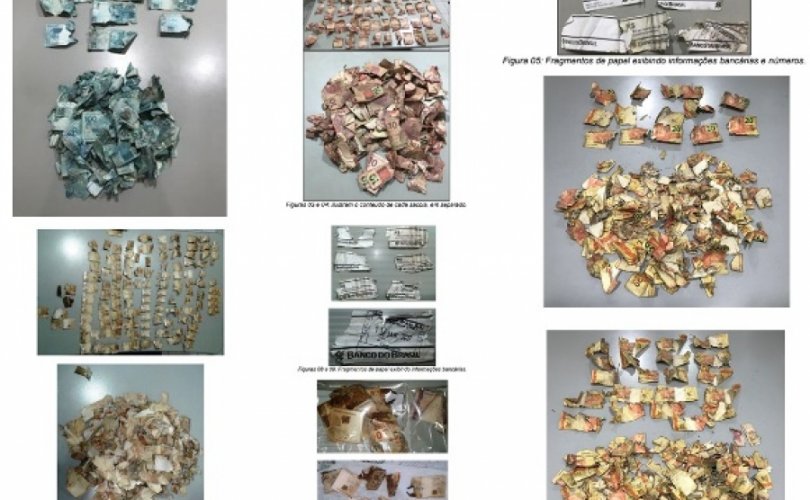 Cédulas que foram mutiladas e dilaceradas eram autênticas e totalizavam R$ 11.350. (Fotos: Ascom/Perícia Oficial)