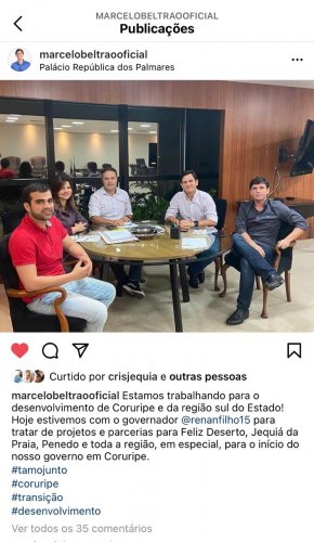 Postagem de Marcelo Beltrão no Instagram, dando publicidade ao encontro com Renan Filho no Palácio do Governo