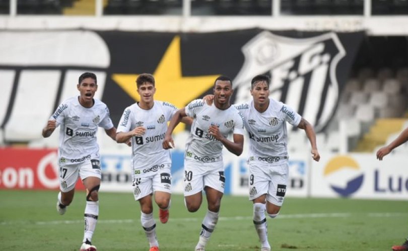 Jogadores do Santos comemoram gol de Lucas Braga (Foto: Twitter: SantosFC)